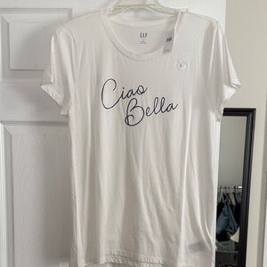 GAP White Short Sleeve Tee with Navy "Ciao Bella" Script